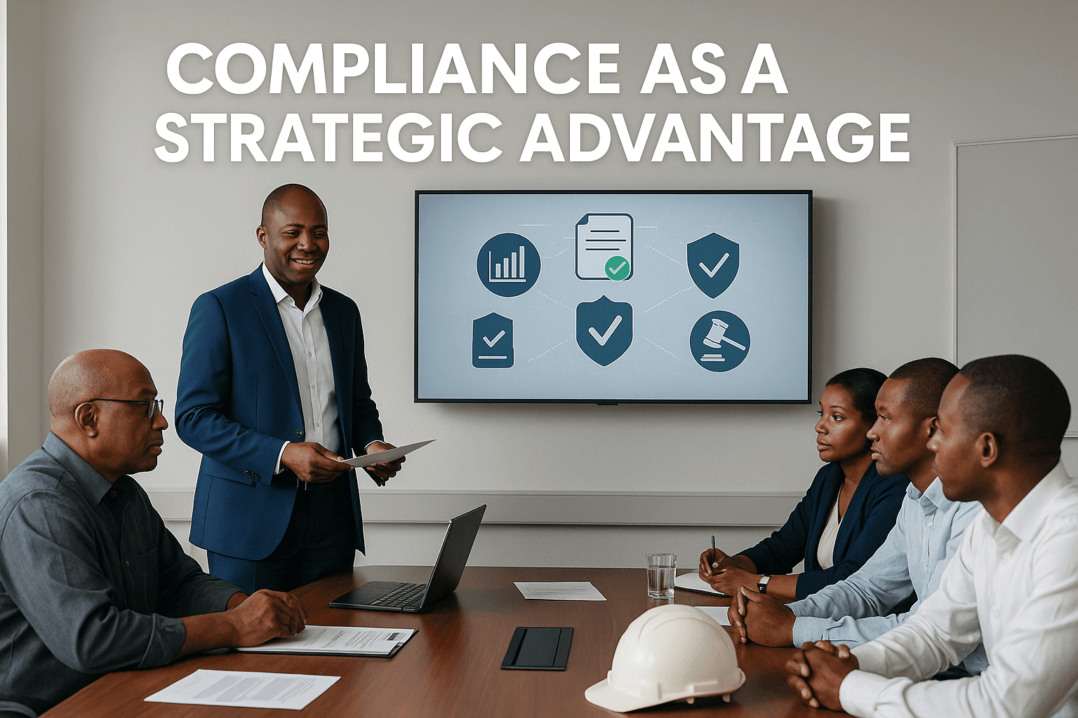 Corporate professionals in a boardroom discussing compliance strategies as a business advantage.